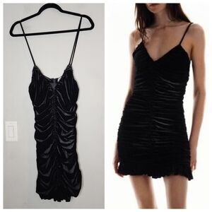 Zara Velvet Ruched Black Sleeveless Mini Dress Ruffle Hem Size Small